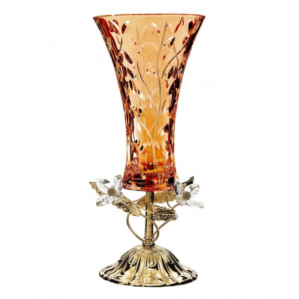 AMBER COLORED GLASS VASE WITH GOLD METAL AND CRYSTAL FLOWERS-DC6177/OR-AM