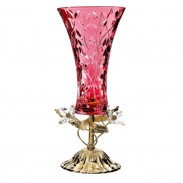 RED COLORED GLASS VASE WITH GOLD METAL AND CRYSTAL FLOWERS-DC6177/OR-RS